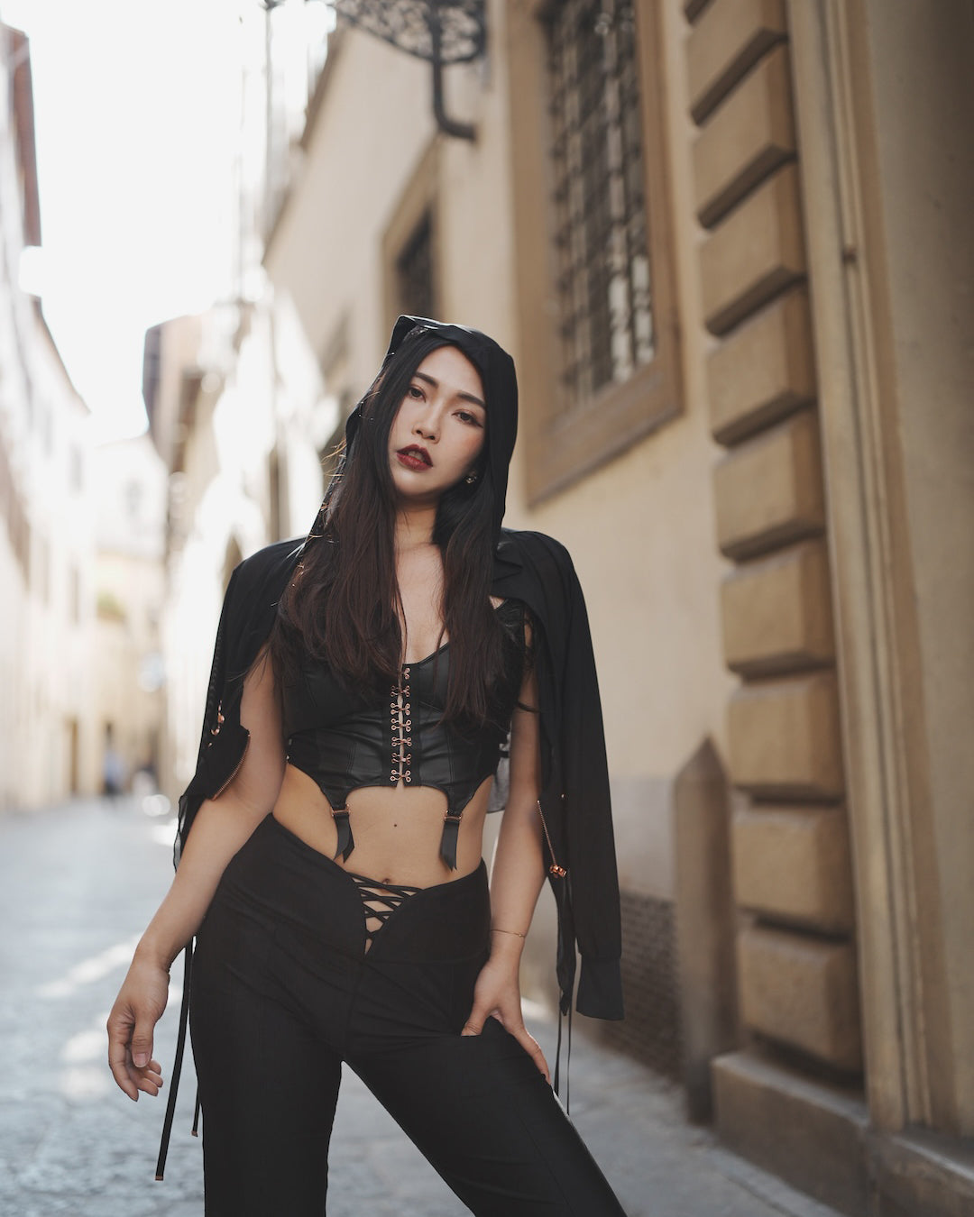 Black mesh hoodie styled with RoseRea sports top n pants