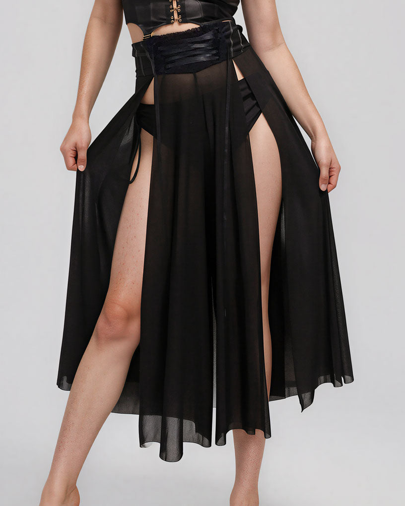 Black Flowy Pants with front slits and mesh drapery for dancing