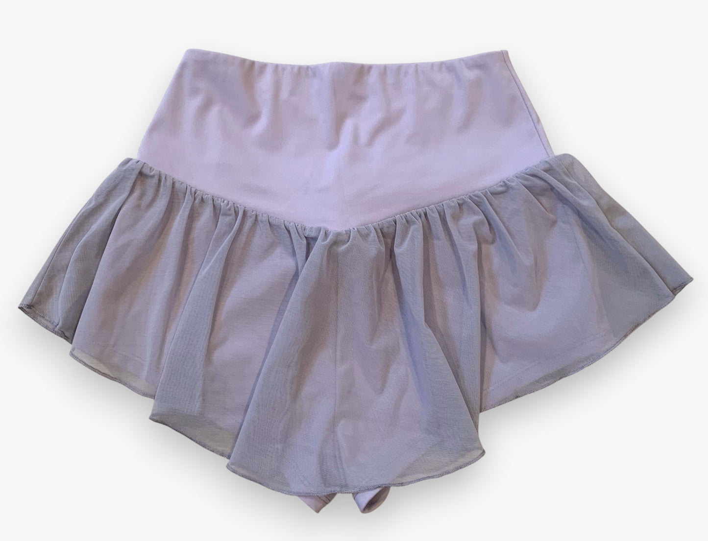 Lay flat back view of flowy shorts in lavender