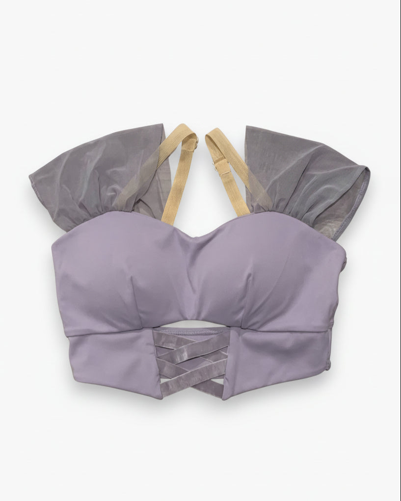 Lay flat front view of Eugenie tank top in lavender with mesh sleeves