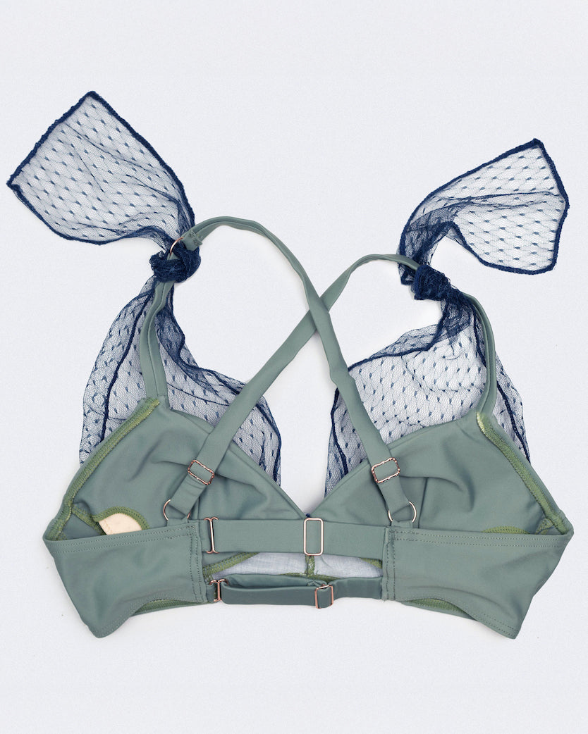 back view of Dual-wear lace detail on matcha Matilda bra top