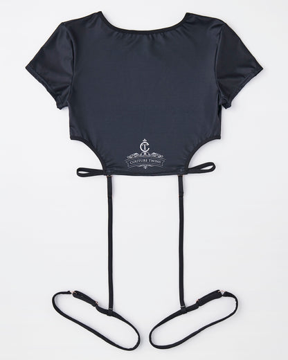 Back view of Jeanne Tee in black high-stretch activewear top