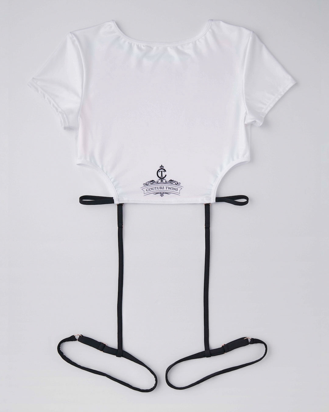 Back view of Jeanne Tee in white high-stretch activewear top