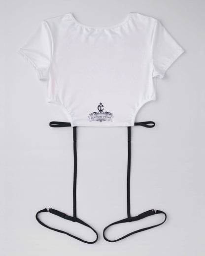 Back view of Jeanne Tee in white high-stretch activewear top