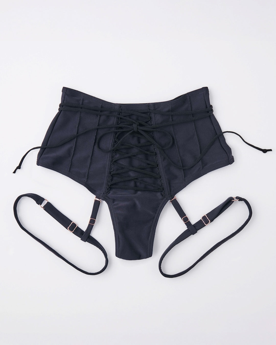 Black high waist bottom styled for pole dance and aerial movement front view