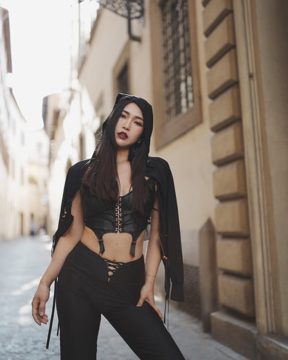 Black mesh hoodie styled with RoseRea sports top n pants