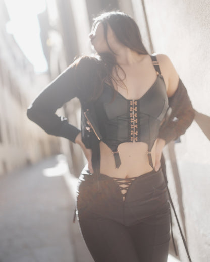Black mesh hoodie styled with RoseRea sports top n pants as streetwear