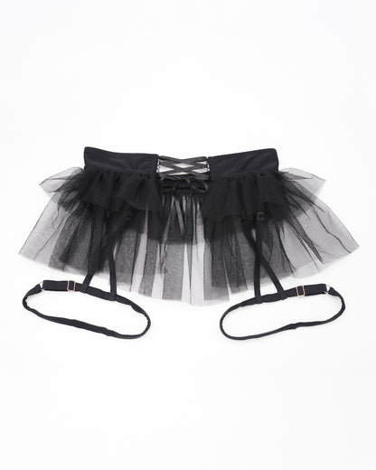 Black tutu skirt with detachable suspenders and layered tulle detailing