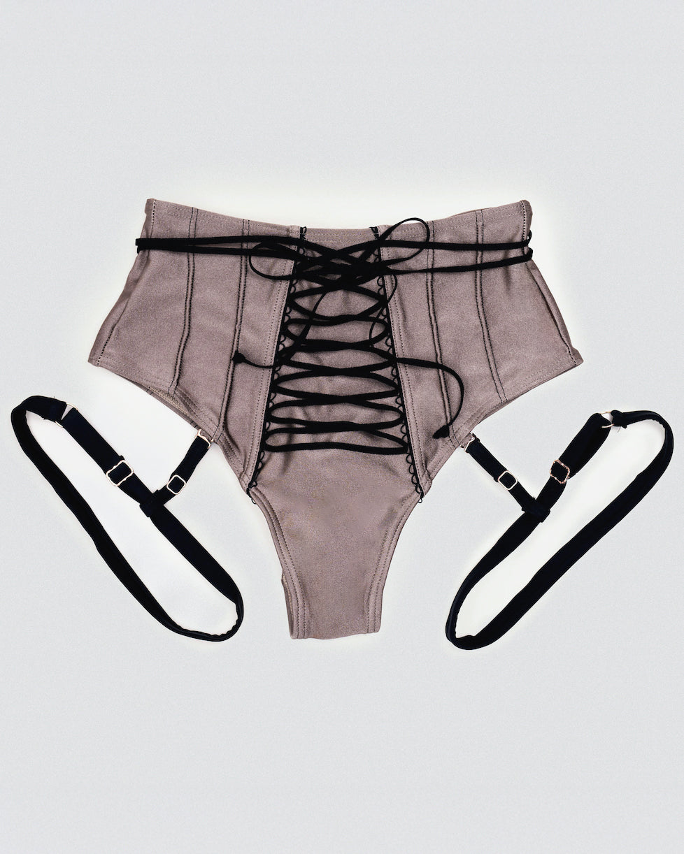 brown high waist bottom with lace-up and garters.

pole dance wear, polewear, cute active wear, swimwear