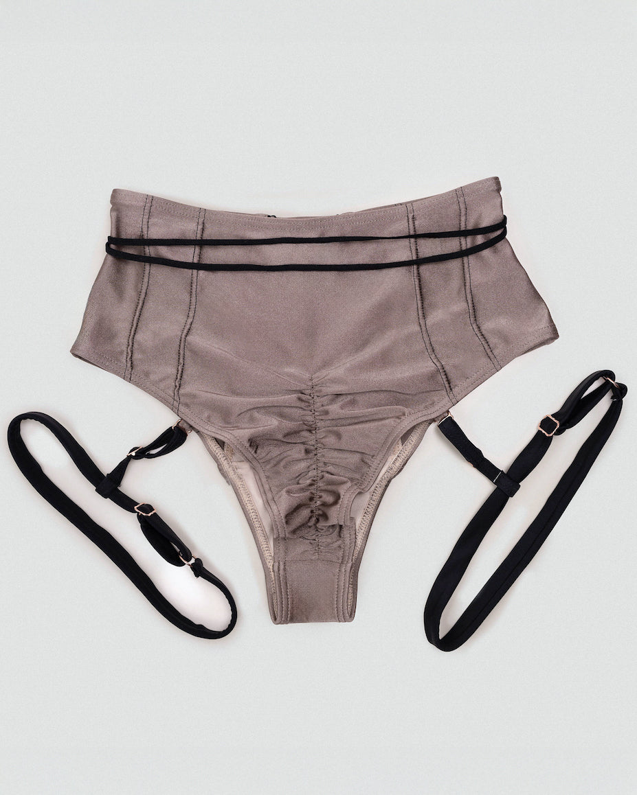 back of brown high waist bottom with lace-up and garters.

pole dance wear, polewear, cute active wear, swimwear