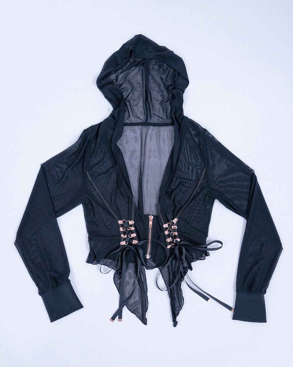 Front view of black mesh hoodie with zipper corset-like waist tie