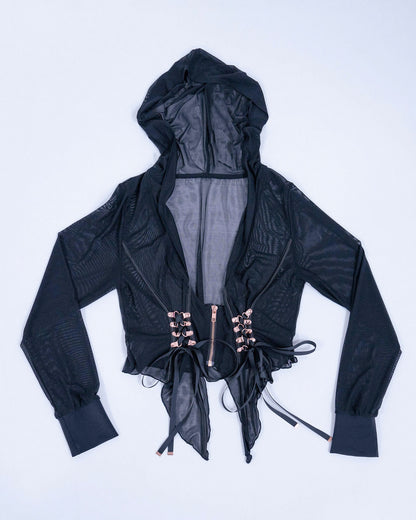 Front view of black mesh hoodie with zipper corset-like waist tie