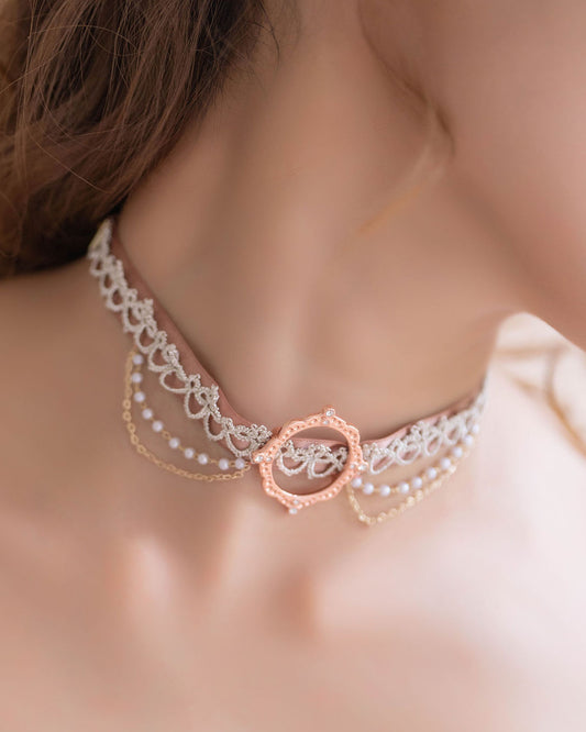 Handmade rose gold lace choker crafted with tatting lace technique