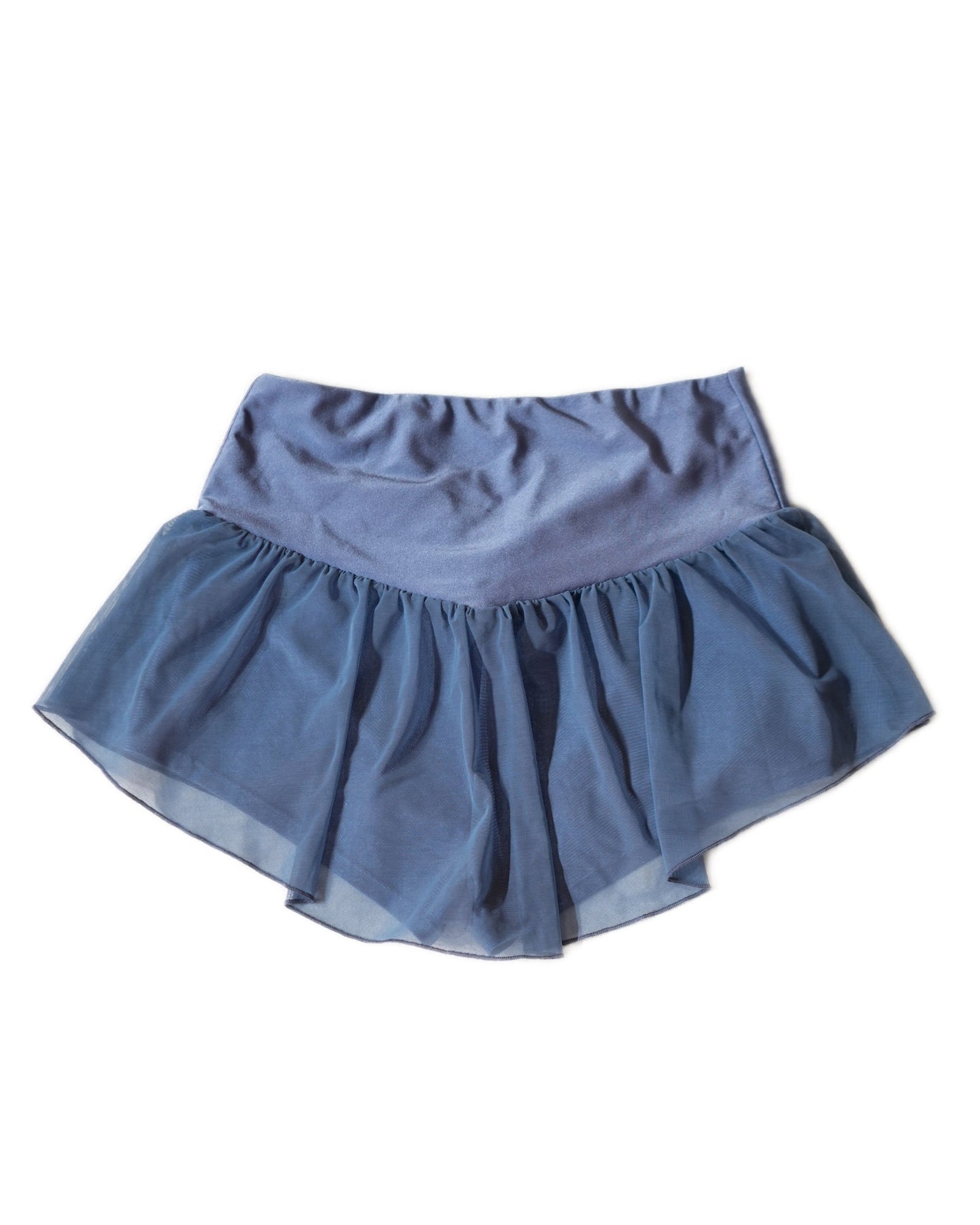 Lay flat back view of flowy shorts in sapphire