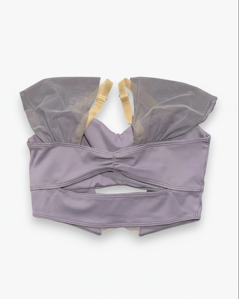 Lay flat back view of Eugenie tank top in lavender with mesh sleeves