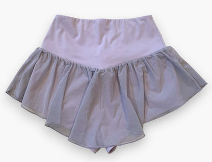 Lay flat back view of flowy shorts in lavender