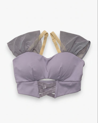 Lay flat front view of Eugenie tank top in lavender with mesh sleeves