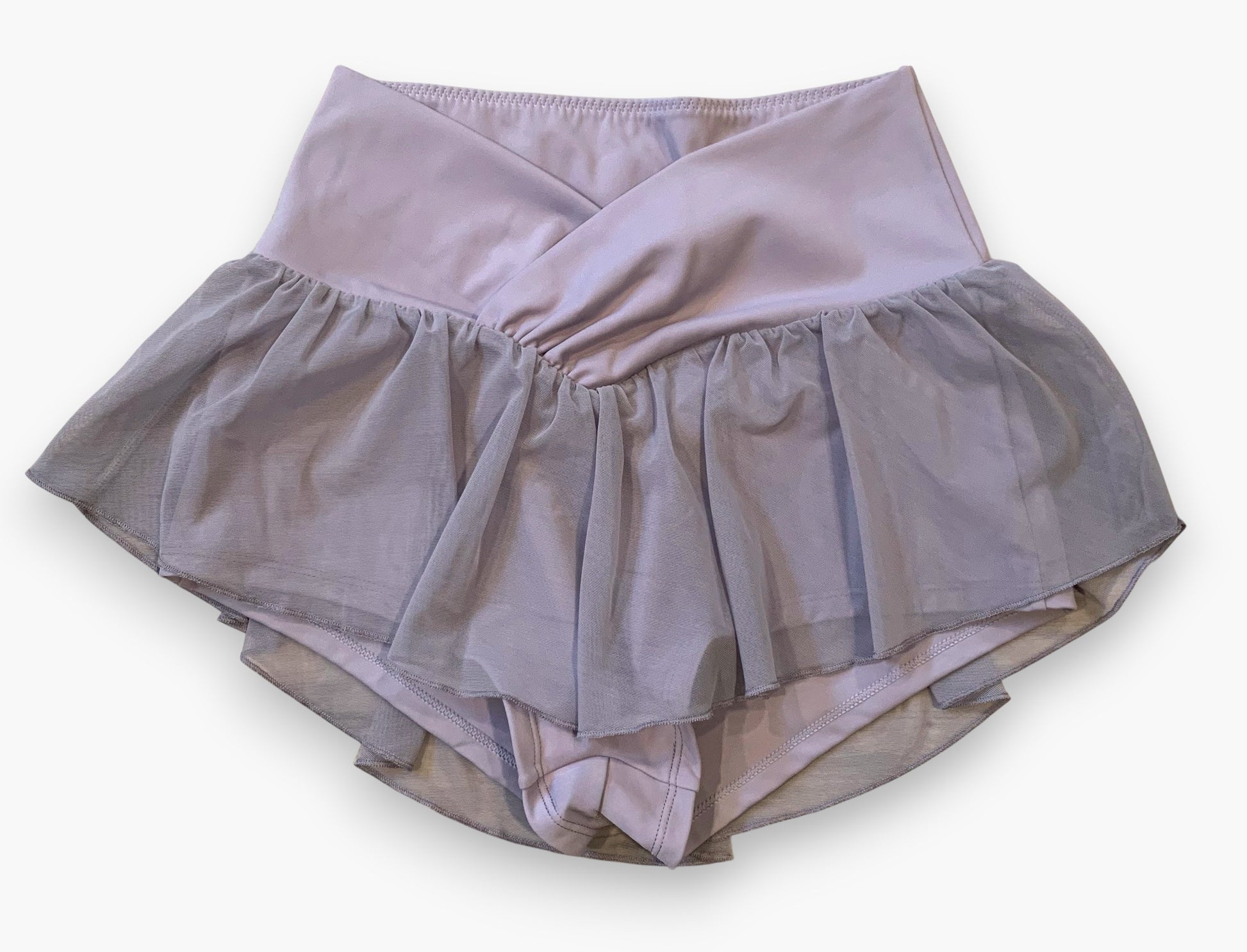 Lay flat front view of flowy shorts in lavender