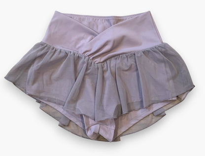 Lay flat front view of flowy shorts in lavender