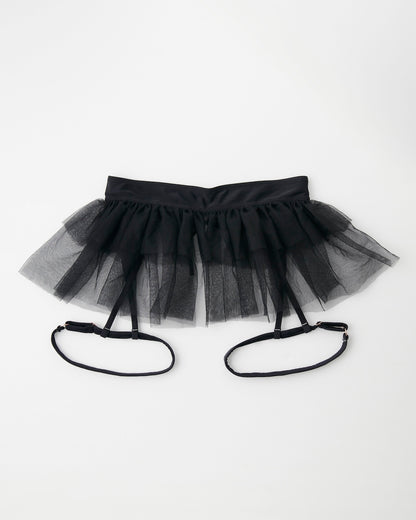 Back of Black tutu skirt with detachable suspenders and layered tulle detailing