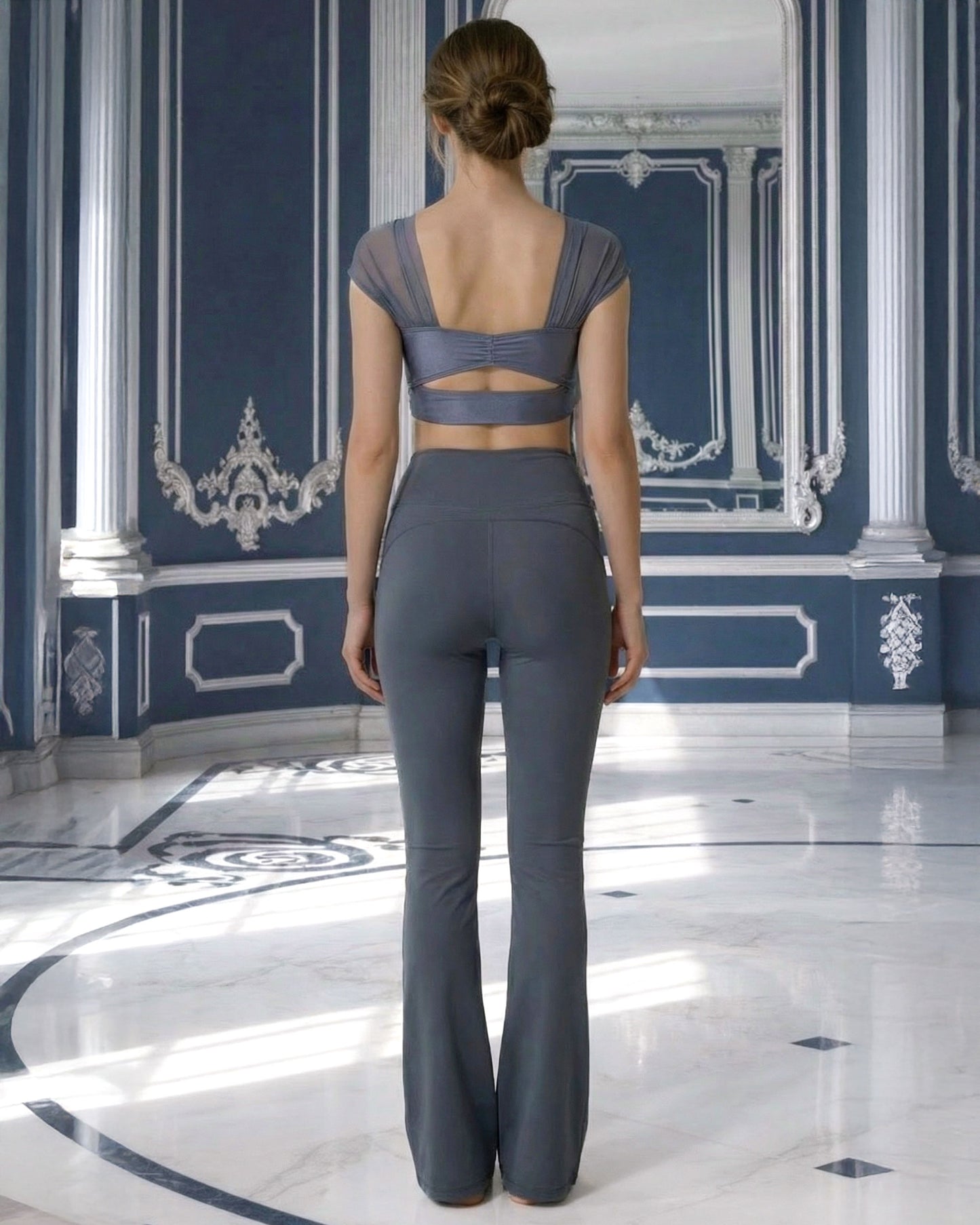 back of Mermaid Pants in sapphire with Eugenie tank top