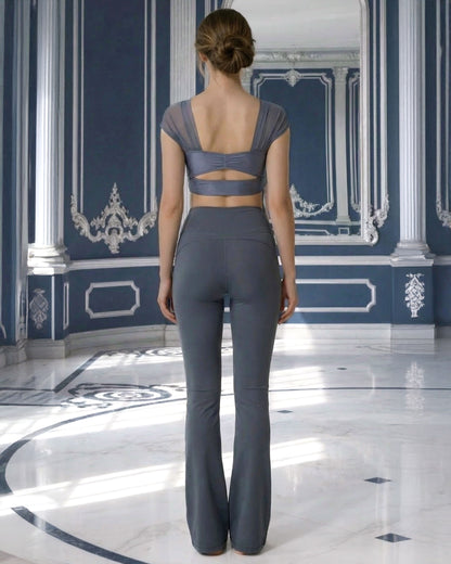 back of Mermaid Pants in sapphire with Eugenie tank top