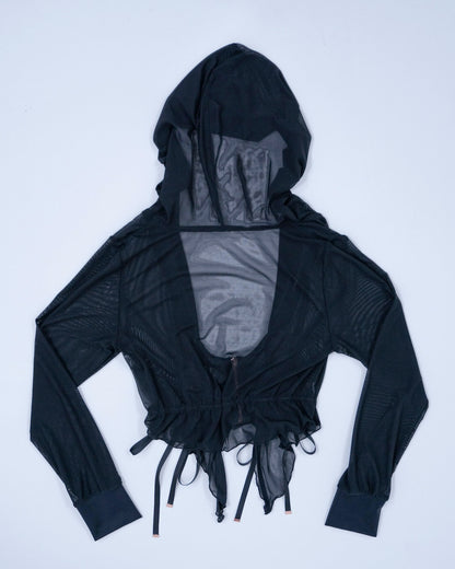 back view of black mesh hoodie with corset-like waist tie