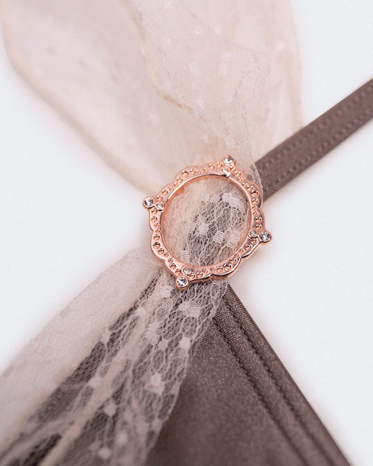 details of lace scarf accessory with rose gold charm for Matilda bodysuit