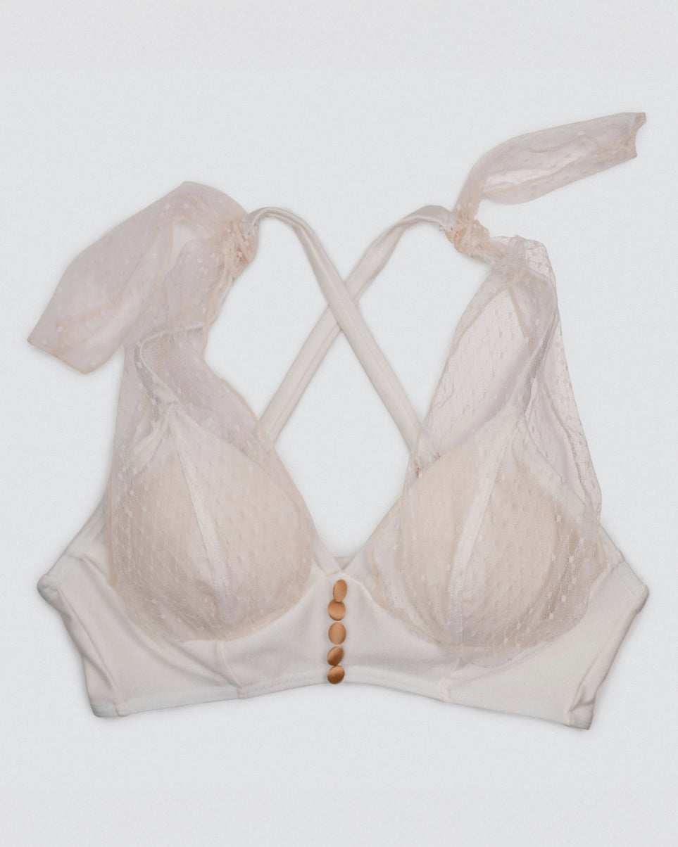 front view of dual-wear lace detail on ivory Matilda bra top