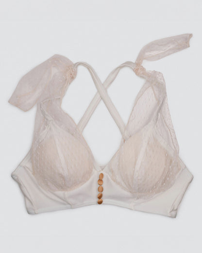 front view of dual-wear lace detail on ivory Matilda bra top