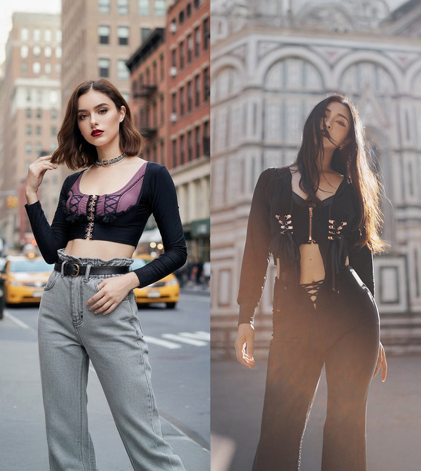 rococo-inspired sports bras, cardigan and mesh hoodie worn from studio to street