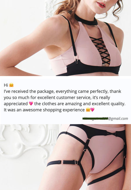 cute pole dance outfit with text expressing admiration for the quality and colors.
pole dance wear, polewear, cute active wear, swimwear